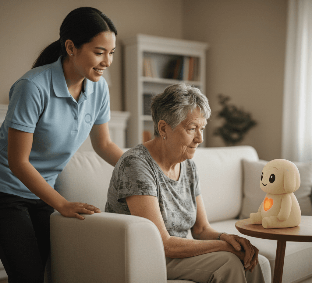 Caregiver with Qluve robot